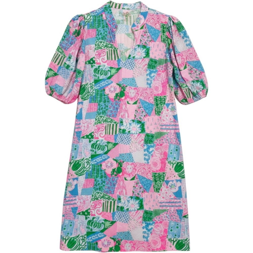 Lilly Pulitzer Carey Dress M Multi Crazy Quilt Patchwork Cotton Puff Sleeve